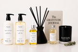 SaFiSpa Ebony Bergamot luxury home fragrance and body care gift set featuring soy candle, moisturizing lotion, body wash, nourishing body oil, reed diffuser oil and elegant aromatherapy accessories handcrafted in New York.