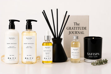 SaFiSpa Ebony Bergamot luxury home fragrance and body care gift set featuring soy candle, moisturizing lotion, body wash, nourishing body oil, reed diffuser oil and elegant aromatherapy accessories handcrafted in New York.