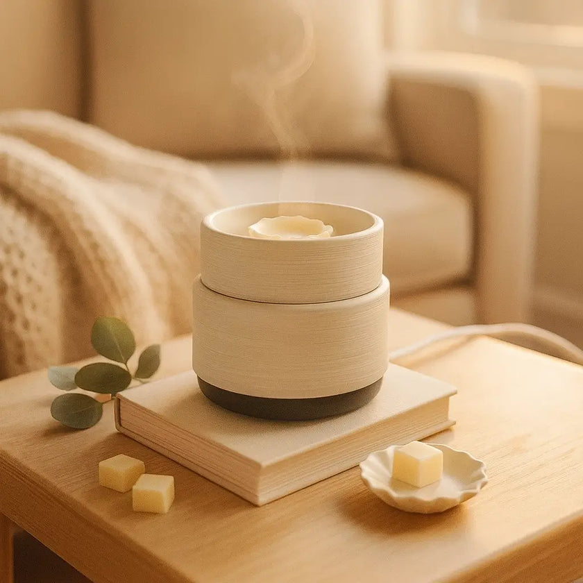 electric candle warmer — ceramic wax melt warmer on a living room side table, flameless with removable dish