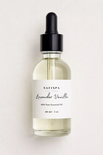 Safispa Lavender Vanilla essential oil bottle on a light background