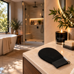 Black exfoliating body glove by SaFiSpa New York for shower and bath exfoliatio. exfoliating glove  spa towel or bath  on a beige stone bathroom counter beside a lit SAFISPA candle, soap bar, and plants, with a modern bathroom interior 