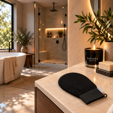 Black exfoliating body glove by SaFiSpa New York for shower and bath exfoliatio. exfoliating glove  spa towel or bath  on a beige stone bathroom counter beside a lit SAFISPA candle, soap bar, and plants, with a modern bathroom interior 