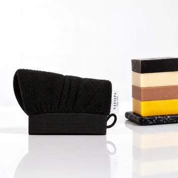 Black exfoliating scrubber with an elastic wrist loop,  best for skin treatment and cleaning shower for women and men spa