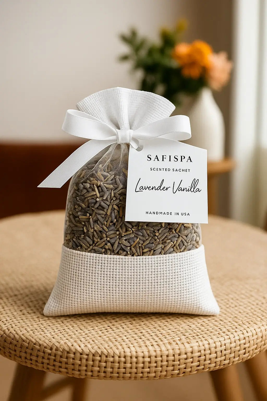 Scented sachet labeled 'Safispa Lavender Vanilla' on a woven stool.