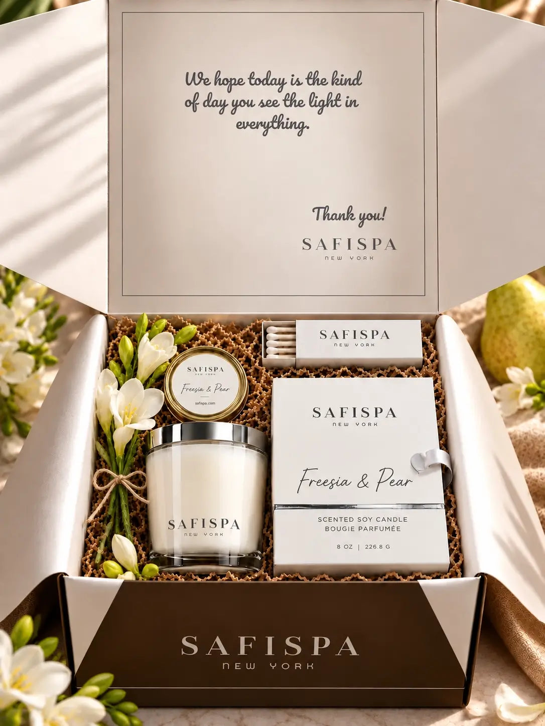 SaFiSpa Freesia & Pear candle gift set with white fragrance box, silver lid and elegant silver-ribbon gift packaging