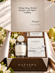 SaFiSpa Freesia & Pear candle gift set with white fragrance box, silver lid and elegant silver-ribbon gift packaging