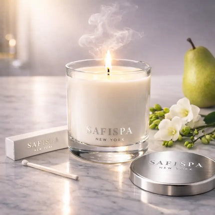 Safispa candle with packaging and a pear on a marble surface