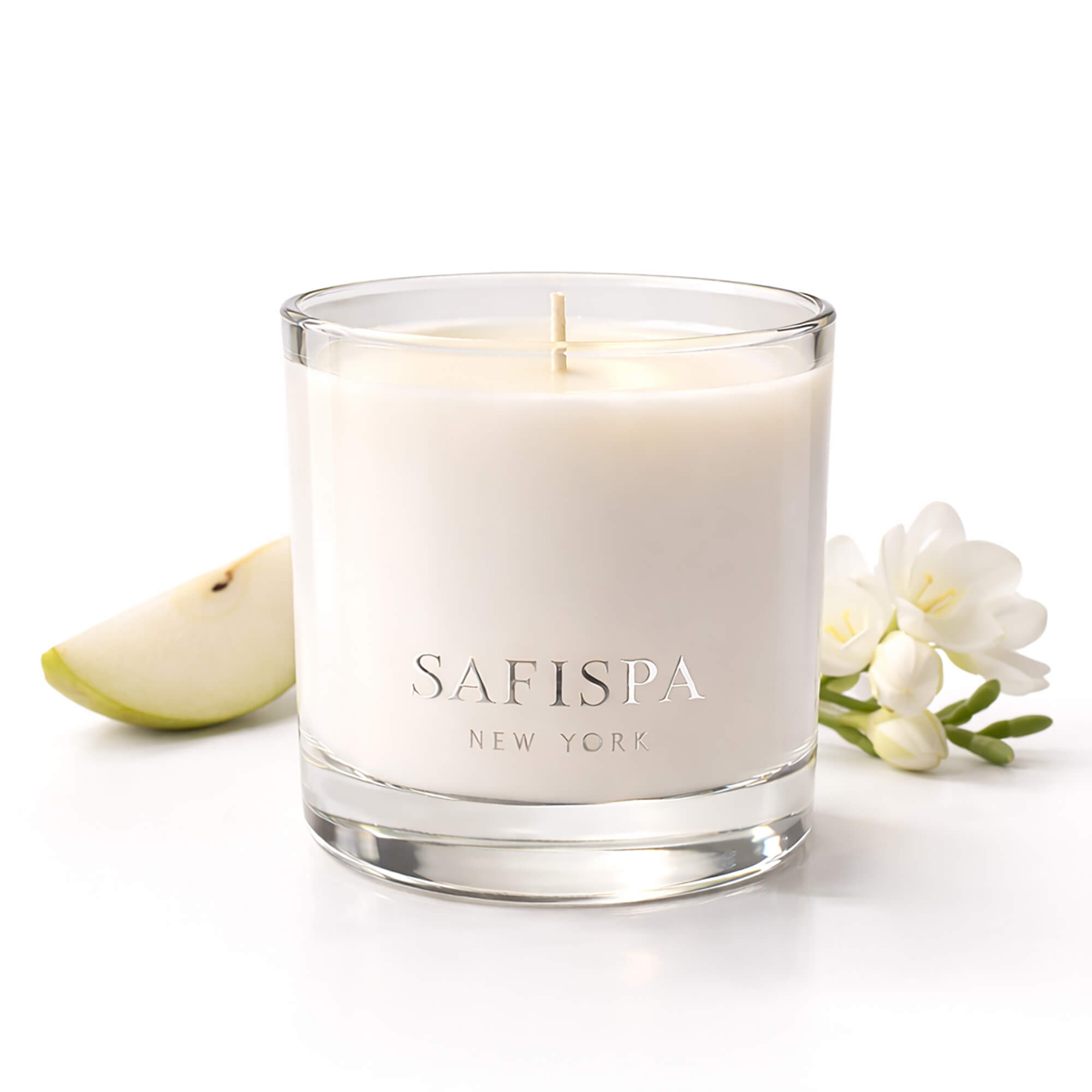 Freesia and Pear candle by SaFiSpa New York luxury soy candle with fresh pear and delicate freesia floral fragrance for elegant home ambiance