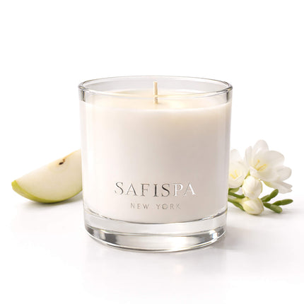 Freesia and Pear candle by SaFiSpa New York luxury soy candle with fresh pear and delicate freesia floral fragrance for elegant home ambiance