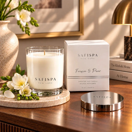 SaFiSpa Freesia & Pear candle with white gift box and silver lid styled in an elegant luxury home interior.