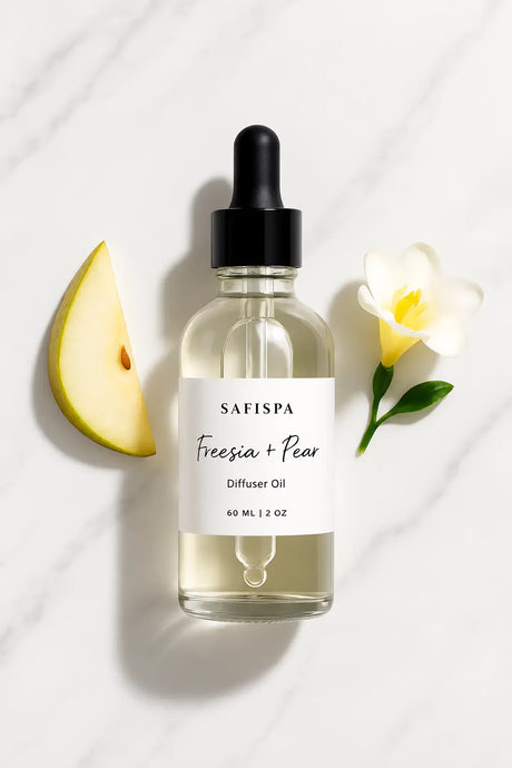 SaFiSpa Freesia + Pear Diffuser Oil, 60 mL, in a glass dropper bottle with white freesia flowers and fresh pear on a luxury marble background.