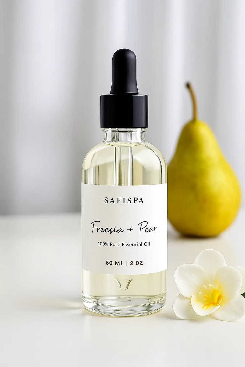 SaFiSpa Freesia + Pear Essential Oil in glass dropper bottle for aromatherapy and fragrance