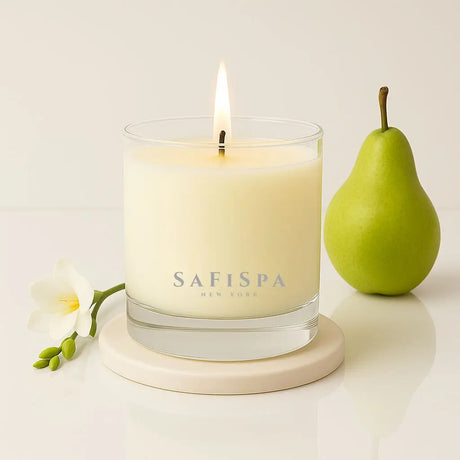 A relaxing freesia and pear scented candle. Shop luxury soy freesia and pear candle online