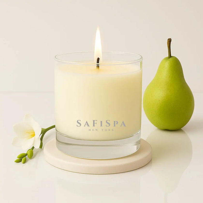 A relaxing freesia and pear scented candle. Shop luxury soy freesia and pear candle online