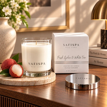 SaFiSpa Fresh Lychee & White Tea candle with luxury gift box and silver lid in an elegant home setting