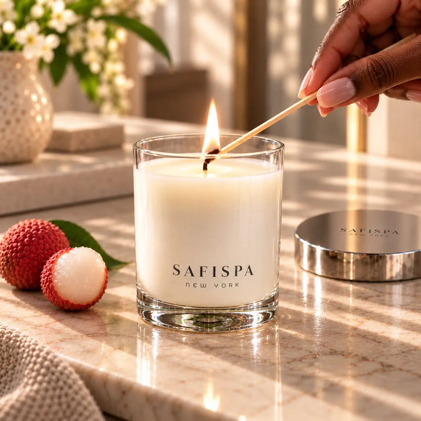 SaFiSpa Fresh Lychee scented candle being lit in an elegant home setting with lychee and white tea