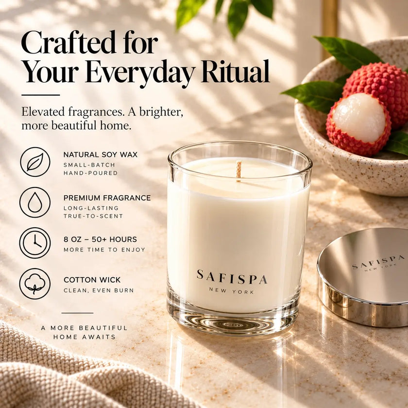 SaFiSpa Fresh Lychee soy candle with cotton wick, premium fragrance and 50+ hour burn time