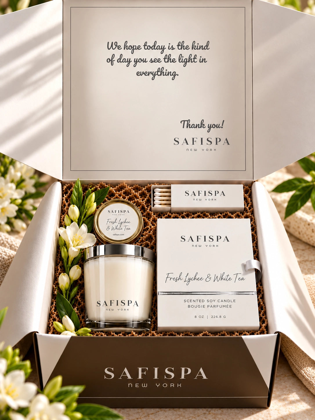 SaFiSpa Fresh Lychee & White Tea luxury scented soy candle gift set with candle, matchbox and fragrance sample in signature packagin