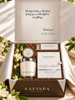 SaFiSpa Fresh Lychee & White Tea luxury scented soy candle gift set with candle, matchbox and fragrance sample in signature packagin