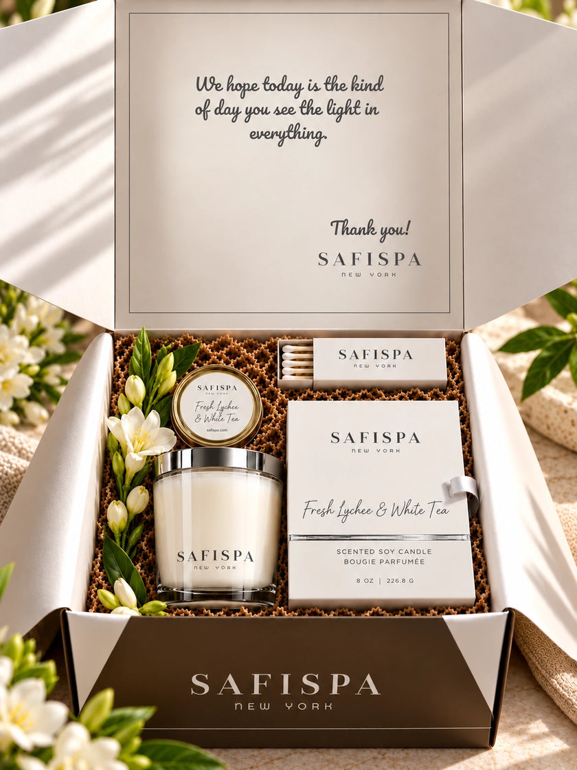 SaFiSpa Fresh Lychee & White Tea luxury scented soy candle gift set with candle, matchbox and fragrance sample in signature packagin