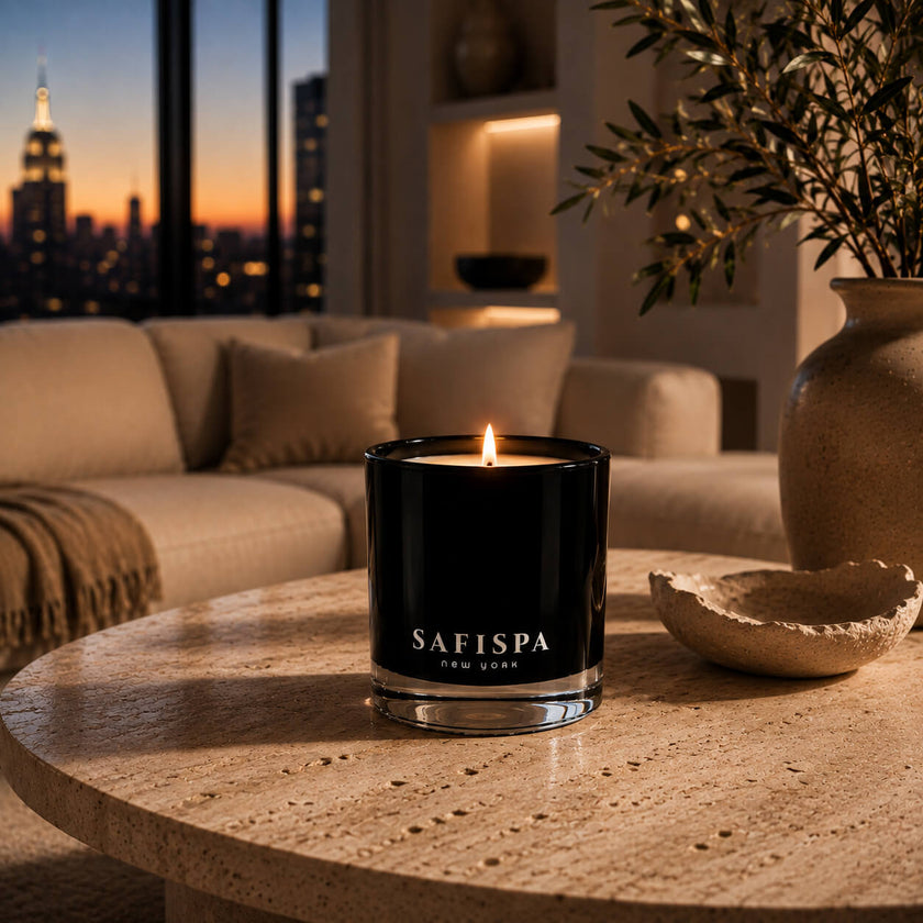Luxury sandalwood scented soy candle in black glass made in Nw York