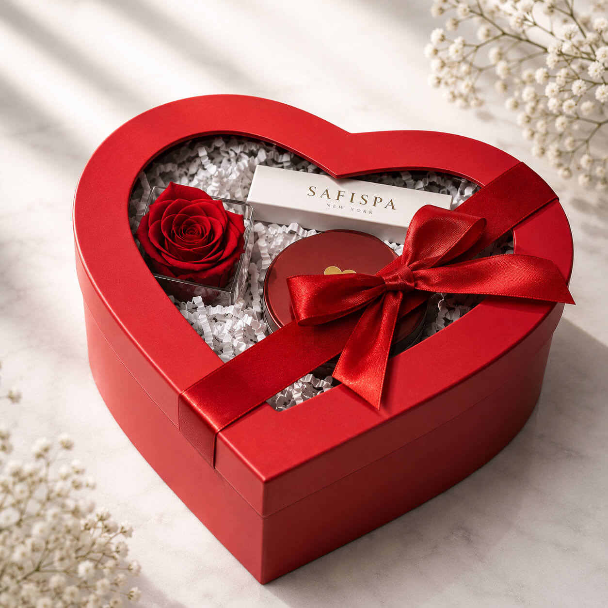SaFiSpa luxury heart gift box featuring a preserved red rose, premium scented candle, elegant white gift box, and handcrafted luxury gift set in New York for Valentine's Day, anniversaries, birthdays, weddings, and special occasions