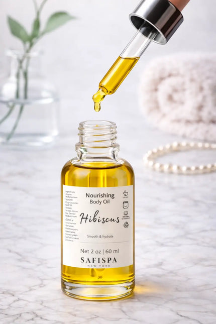 Hibiscus nourishing body oil by SafiSpa New York with a glass dropper releasing golden oil into the bottle, highlighting texture, application, and luxury skincare ritual