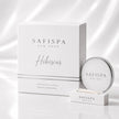 SaFiSpa New York hibiscus scented candle luxury packaging with elegant silver typography, modern minimalist design, premium soy candle branding and glossy white aesthetic
