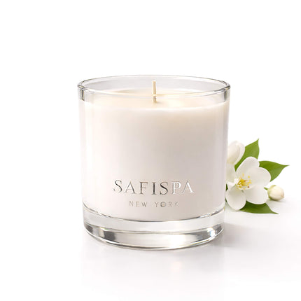 Jasmine scented candle by SaFiSpa New York luxury soy candle with delicate jasmine flower fragrance for calming home atmosphere