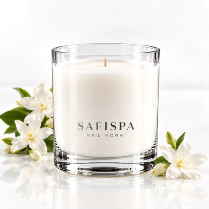 jasmine wax candle in a clear glass jar by SAFISPA NEW YORK printed on the front, shop stylist soy scented candle 