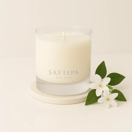 Luxurious Jasmine scented candle with an intoxicating floral aroma, made with essential oils and featuring real jasmine petals on a minimalist jar