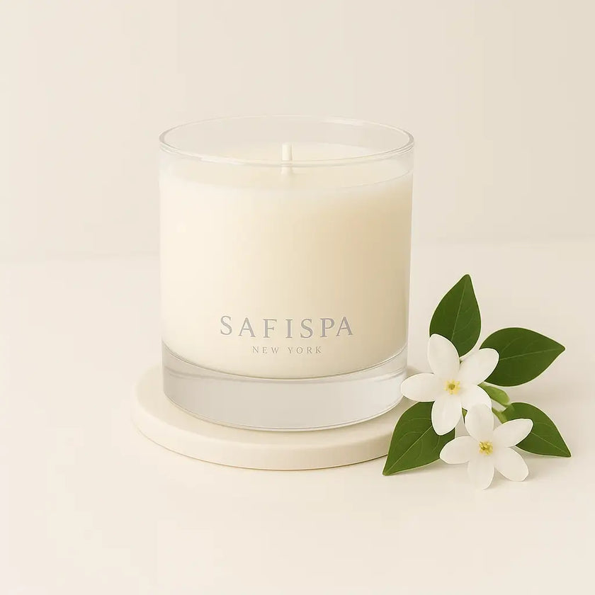 Luxurious Jasmine scented candle with an intoxicating floral aroma, made with essential oils and featuring real jasmine petals on a minimalist jar