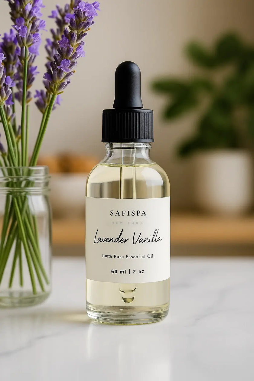 Bottle of Safispa Lavender Vanilla essential oil with a dropper next to a vase of lavender flowers.
