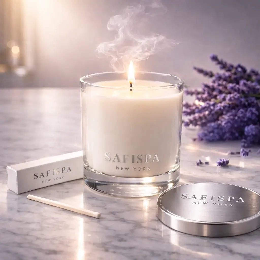 Safispa candle with packaging and lavender flowers on a marble surface