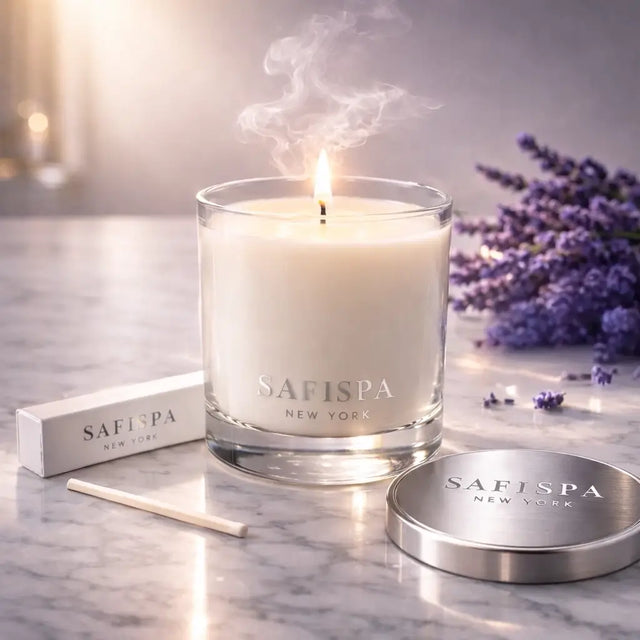 Safispa candle with packaging and lavender flowers on a marble surface