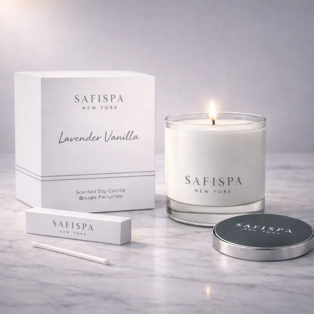 Safispa New York lavender vanilla candle with packaging on a gray surface