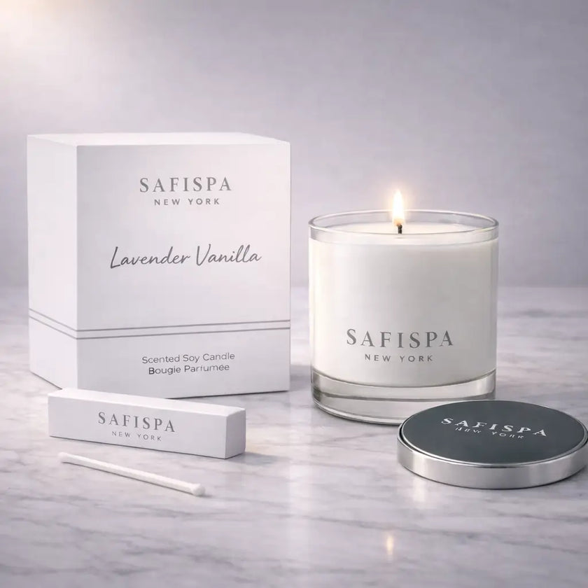 Safispa New York lavender vanilla candle with packaging on a gray surface