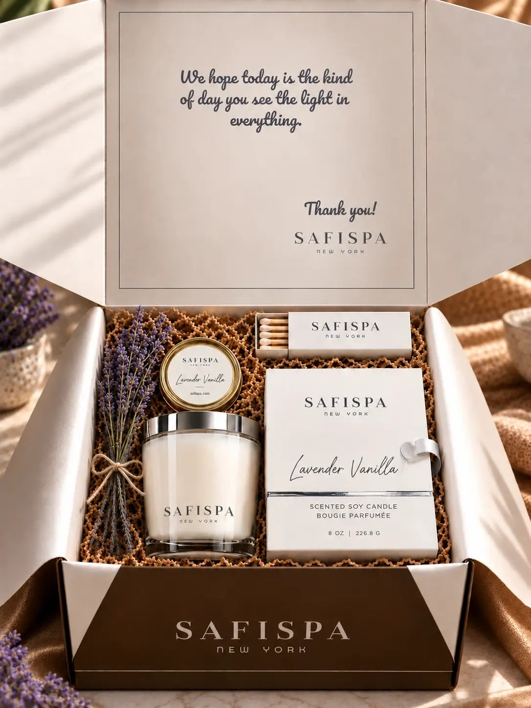 SaFiSpa Lavender Vanilla candle gift with white fragrance box, silver lid, matchbox and luxury black gift box with silver ribbon.