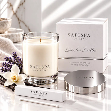 SaFiSpa Lavender Vanilla candle with white gift box, silver lid, lavender and vanilla in an elegant luxury setting