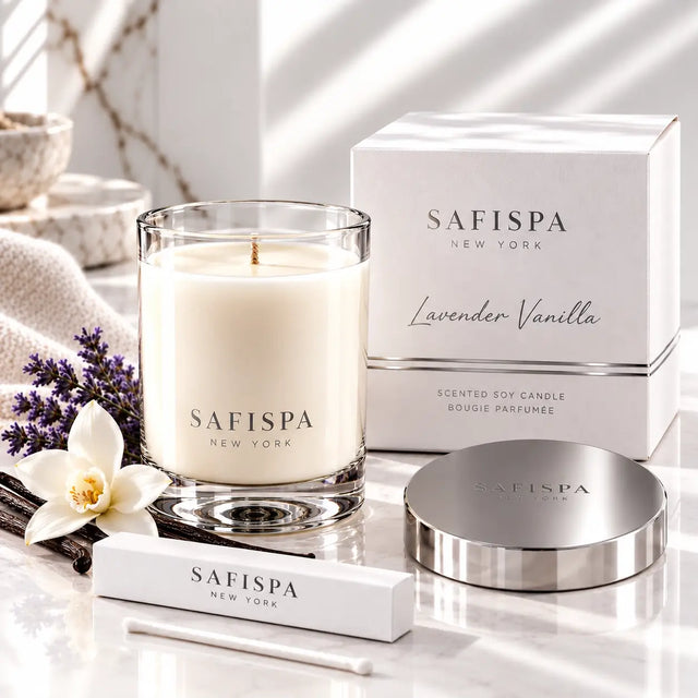 SaFiSpa Lavender Vanilla candle with white gift box, silver lid, lavender and vanilla in an elegant luxury setting