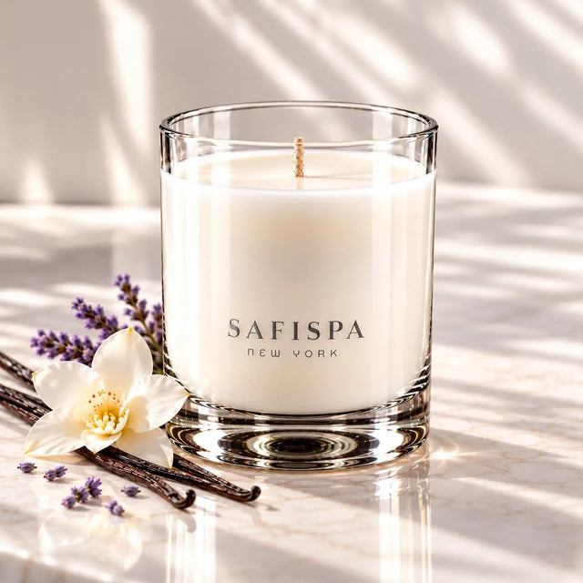 SaFiSpa Lavender Vanilla scented soy candle in a clear glass vessel with lavender, vanilla and a silver lid on a luxury white background