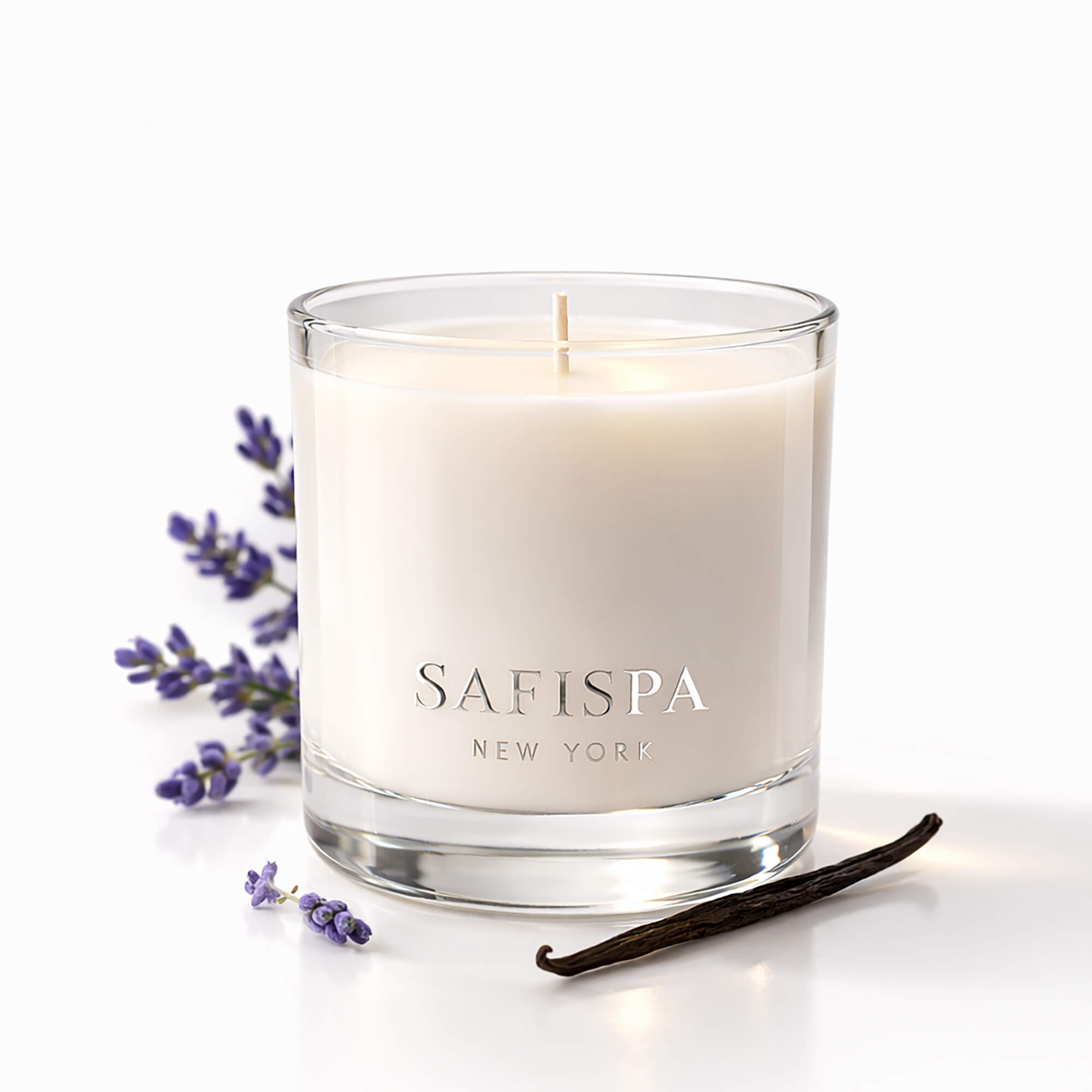 Lavender Vanilla scented candle by SaFiSpa New York luxury soy candle with calming lavender and warm vanilla fragrance for relaxing home ambiance