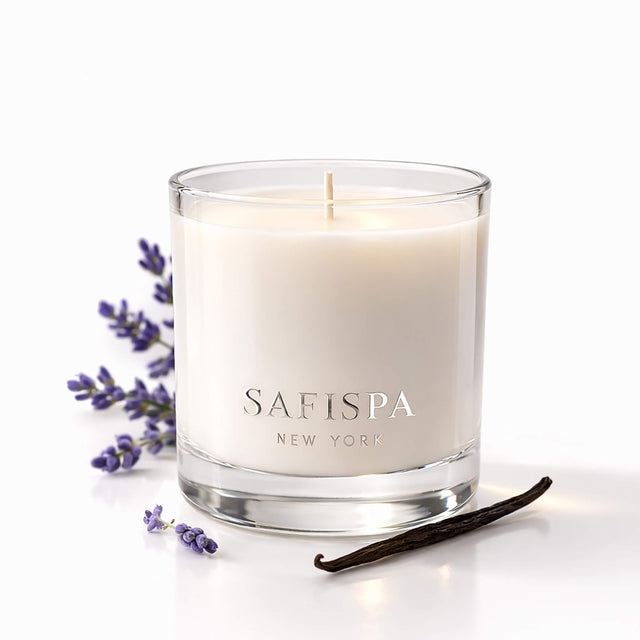 Lavender Vanilla scented candle by SaFiSpa New York luxury soy candle with calming lavender and warm vanilla fragrance for relaxing home ambiance