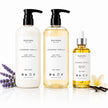 SaFiSpa Lavender Vanilla luxury body care gift set featuring handcrafted moisturizing lotion, gentle body wash, and nourishing body oil with lavender and vanilla on a white background.