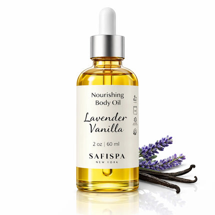 SaFiSpa Lavender Vanilla Nourishing Body Oil 2 oz glass bottle with silver dropper on white background