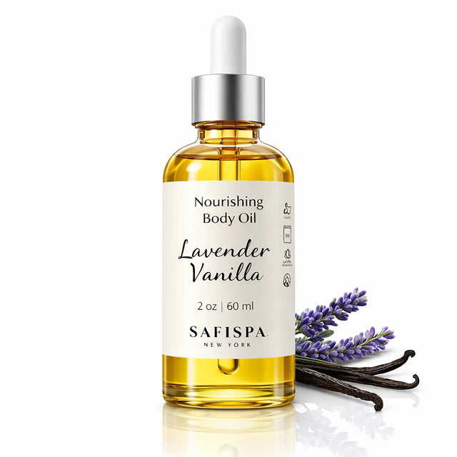 SaFiSpa Lavender Vanilla Nourishing Body Oil 2 oz glass bottle with silver dropper on white background