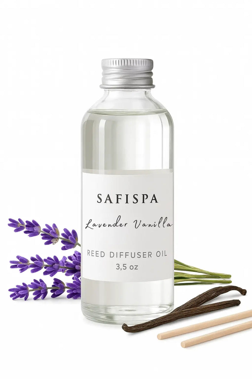 Safispa Lavender Vanilla reed diffuser oil bottle with lavender and vanilla beans on a white background