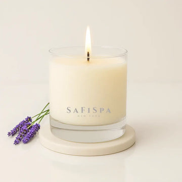 Lavender and Vanilla scented candle in a minimalist glass jar, emitting a soothing aroma and clean burning