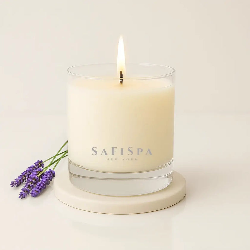 Lavender and Vanilla scented candle in a minimalist glass jar, emitting a soothing aroma and clean burning