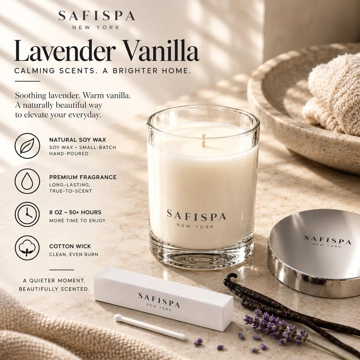 SaFiSpa Lavender Vanilla soy candle with natural soy wax, cotton wick, premium fragrance and 50+ hour burn time